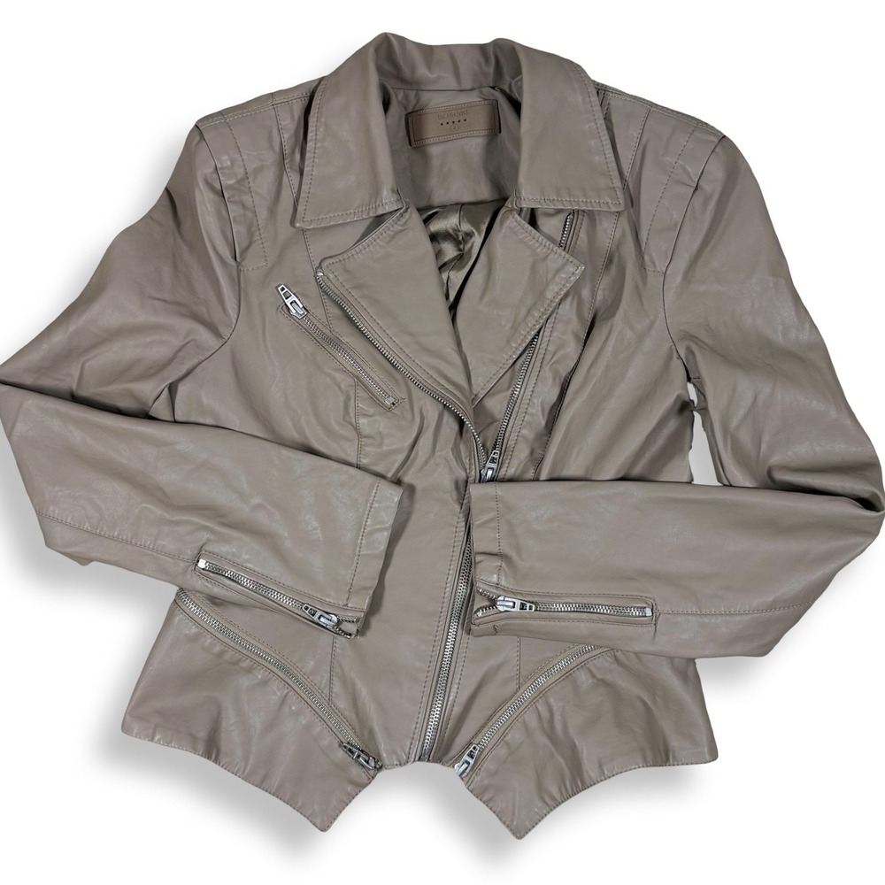 BLANKNYC Taupe Vegan Leather Peplum Moto Jacket Womens Small Asymmetrical Zip